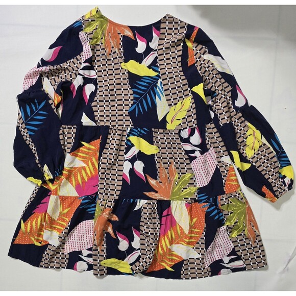 Boho Tropical Floral Geometric Tiered Mini Dress –Long Sleeve Resort Vacation - Picture 4 of 6